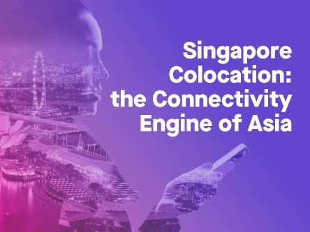 Singapore skyline with digital face overlay, text: Singapore Colocation - the Connectivity Engine of Asia