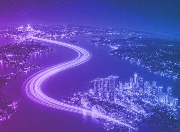 Illustration of high-speed digital connectivity linking Singapore to global destinations through a secure wavelength network.