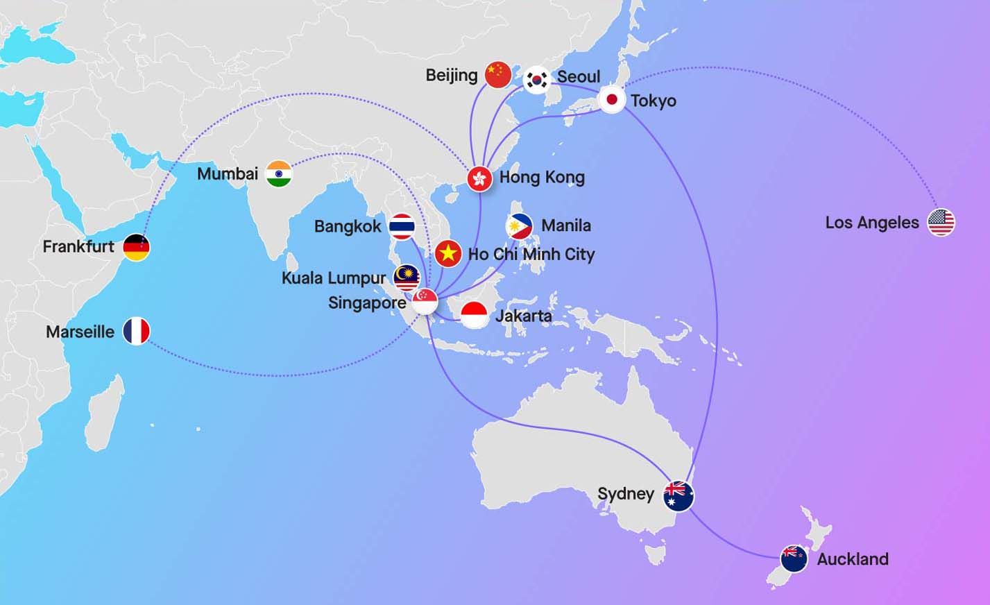 APAC Wavelength route map connecting Singapore, Hong Kong, Tokyo, Sydney, and other Asia-Pacific cities
