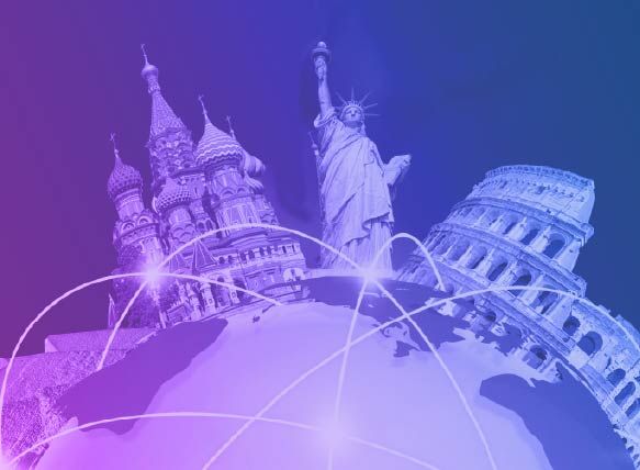 Globe graphic with global landmarks and connectivity lines representing Epsilon's Europe Wavelength connectivity use cases