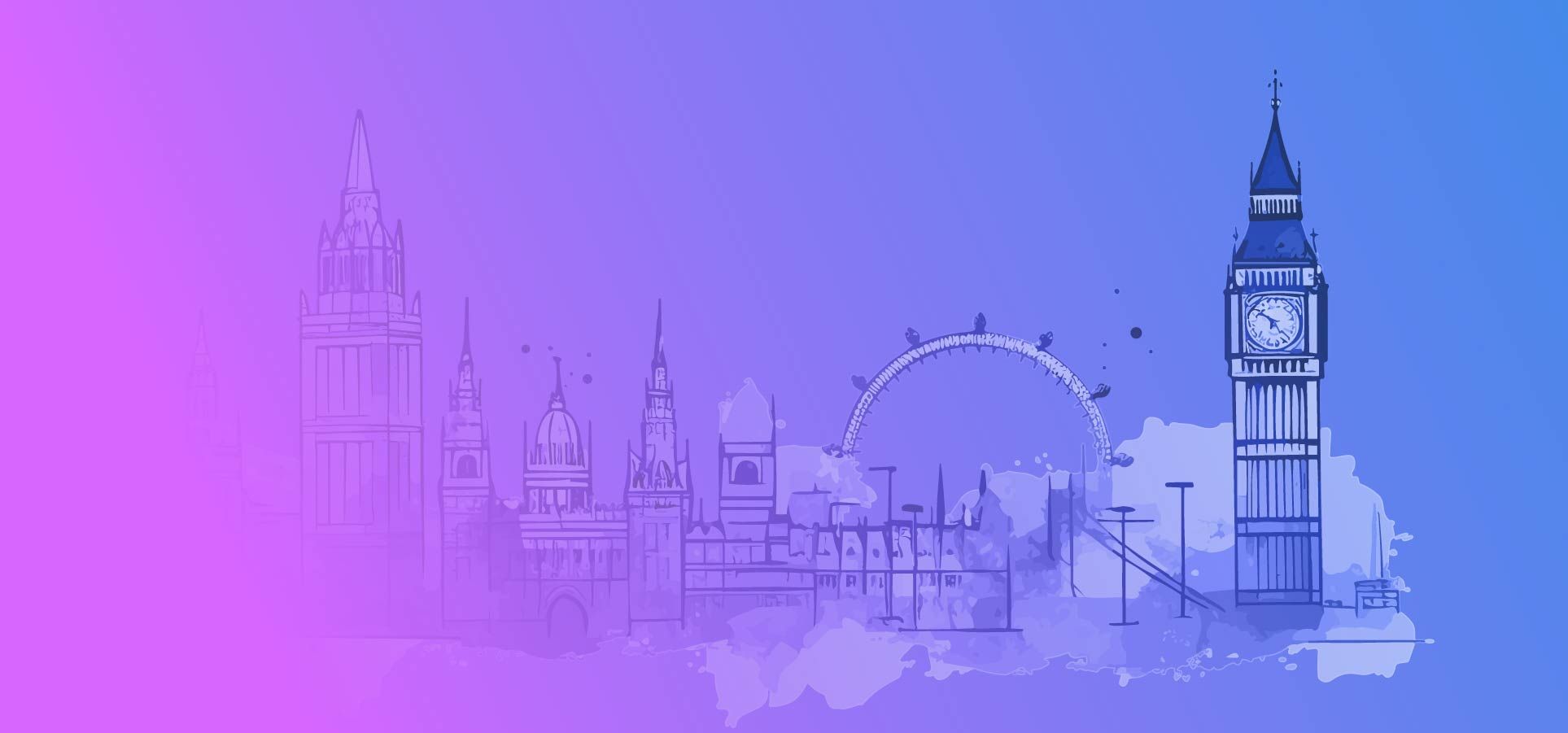 Illustrated London skyline with Big Ben, London Eye, and landmarks for Epsilon London Metro Wavelength banner