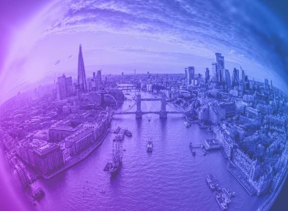 Aerial view of London skyline and Thames River representing Epsilon's London Metro connectivity use cases